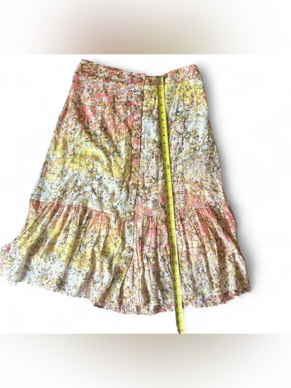 Mlle Gabrielle Skirt XL Floral Button-Front Tiered Midi Skirt in Yellow and Pink - Picture 5 of 9